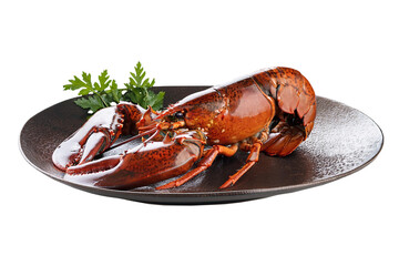 fresh whole red lobster on a plate, isolated on transparent background, popular seafood food item boiled or steamed with butter
