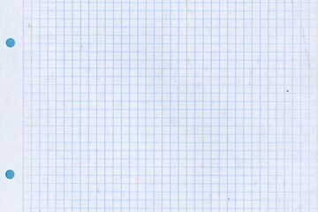 Quad ruled notebook sheet ripped from a spiral binding with a blue background. The paper is dirty. Meant as a grunge background.