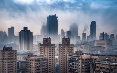 Obraz premium Afghanistan air pollution, Smoky cityscape skyline with hazy skyscrapers and buildings.