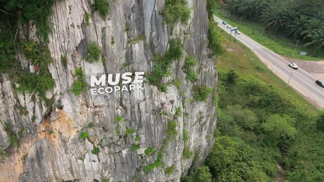 Aerial view of Muse EcoPark, located in Gua Musang, Kelantan. A serene getaway featuring lush 360-degree greenery, outdoor activities like wall and rock climbing. 