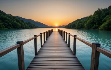 Naklejka premium Wooden Boardwalk Leading into a Calm Lake at Sunset with Tranquil Surroundings