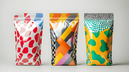 Three stand-up pouches with various abstract designs.  Each pouch features a unique color scheme and pattern, showcasing diverse visual appeal for product packaging.