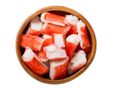 processed crab meat or crab stick in a wooden bowl isolated on transparent background