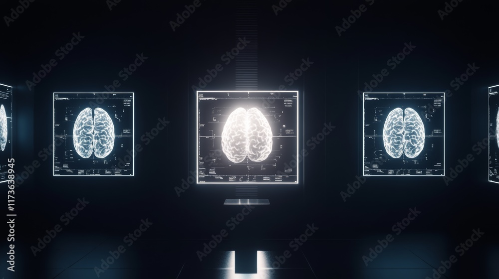 Poster glowing holographic projections of human brains are displayed on futuristic transparent screens in a