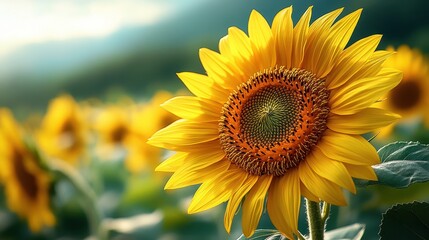 Fototapeta premium A vibrant sunflower stands out in a lush field of sunflowers.