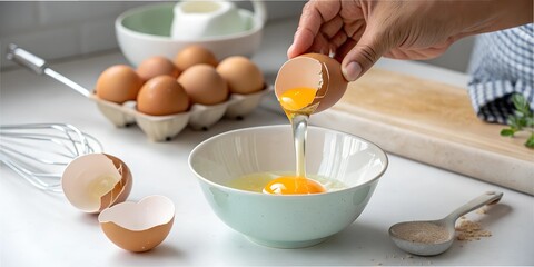 Macro shot of a hand cracking an egg into a bowl with fresh eggs and utensils nearby in bright kitchen setting