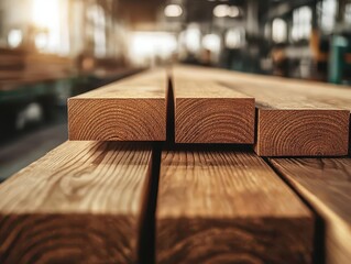 Raw wooden planks in a modern factory, cuttingedge tools and machinery, ready for assembly