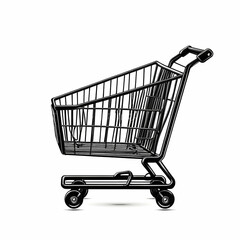 A detailed, side-view illustration of an empty black shopping cart.