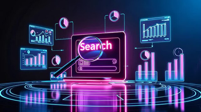 Futuristic Search Interface with Neon Graphics and Data Analytics Charts in a Digital High-Tech Environment

