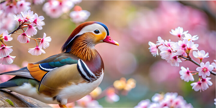 Mandarinka duck stands gracefully among blooming cherry blossoms in a vibrant spring setting
