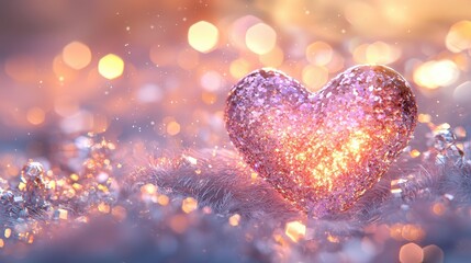 Sparkly Heart 3D Render on Soft Pink Background with Light Bokeh