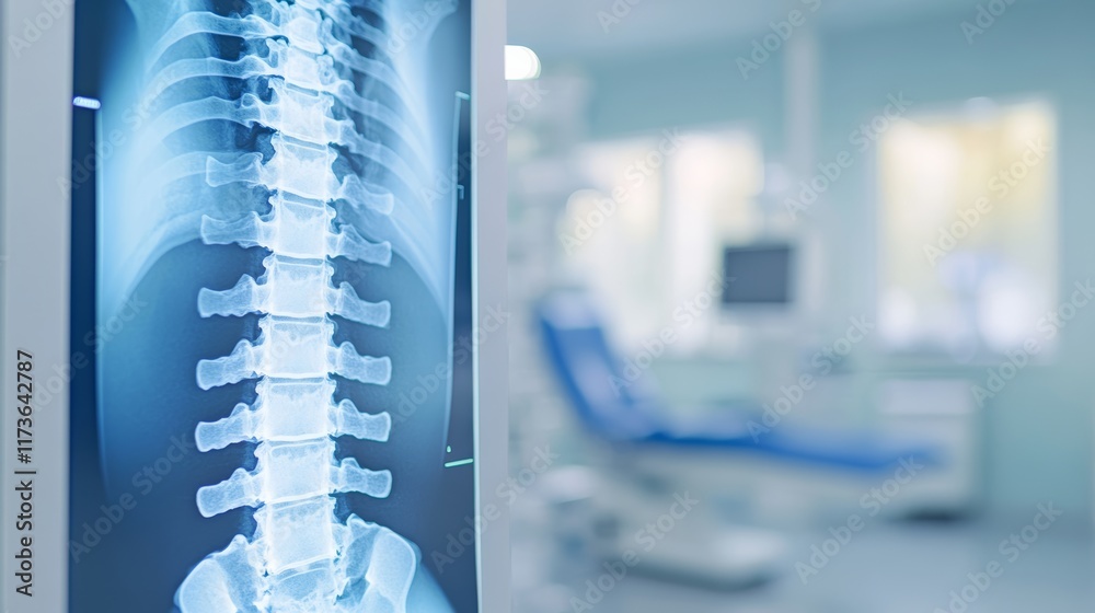 Poster illuminated x ray image highlighting a healthy spine in a modern hospital room, emphasizing diagnost