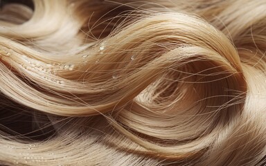 Naklejka premium Biotin, Close-up of shiny, blond, wavy hair with water droplets.