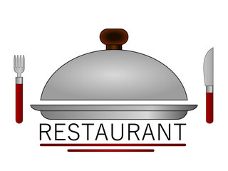 Icono de restaurante. Vector de plato con tapa domo, tenedor y cuchillo. Ilustración para sitio web, app, folleto, etc. 
