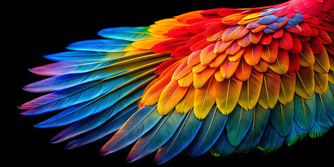 Obraz premium Vibrant parrot wing displaying a spectrum of colors against a sleek black background in minimalist style