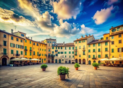 Fototapeta Vintage Lucca Panorama: Piazza Anfiteatro & Blue Sky - Italian Cityscape