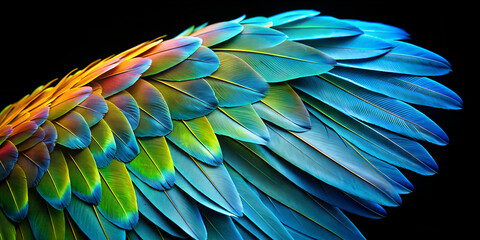 Fototapeta premium Colorful parrot wing displayed against a black background creating a striking minimalist effect wallpaper, background