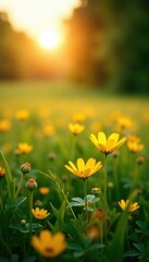 Obraz premium Golden hour light bathes lush meadow, soft focus background , wildflowers, blurry