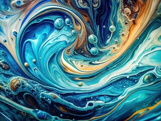 Textured Dutch pour art, blue-turquoise-silver hues.