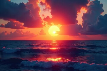 Fototapeta premium Blazing sunset paints the sky over tranquil dark ocean, ocean, colors