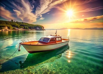 Fototapeta premium Vintage Motorboat at Burgas Coastline, Bulgaria: Sun-Kissed Seascape