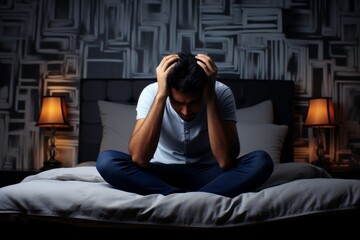 Obraz premium Portrait man in despair teenager seated on bed, head in hands, reflecting depression
