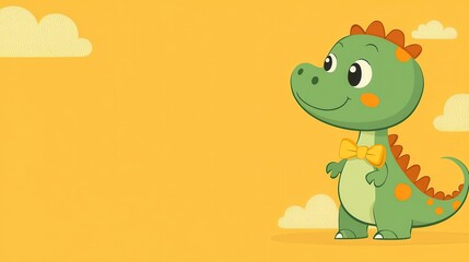 Obraz premium Cute Green Dinosaur with Orange Spots and Yellow Bowtie on Yellow Background