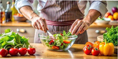 Preparing a vibrant salad with fresh vegetables in a bright kitchen during the afternoon