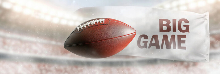 American football ball in motion at sport stadium with a big game text banner, background