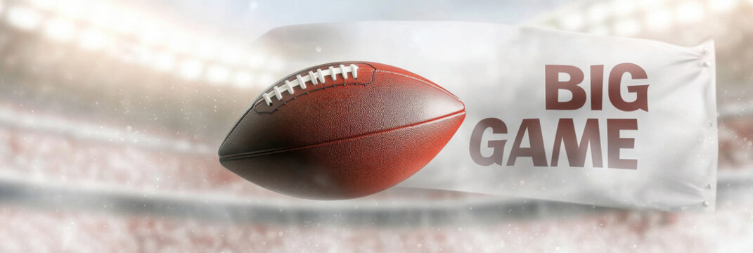 American football ball in motion at sport stadium with a big game text banner, background