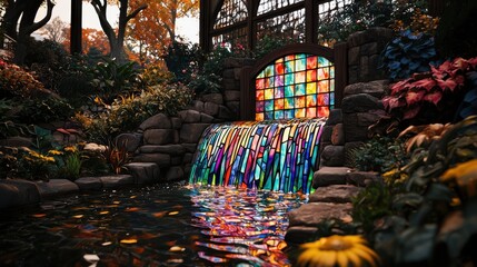 Naklejka premium Stained Glass Waterfall with Radiant Blues in Vibrant Garden