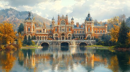 Fototapeta premium Majestic Historic Castle Surrounded by Autumn Foliage and Reflection