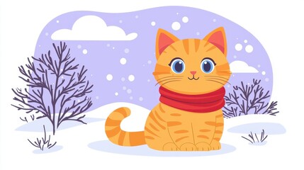 Cute Yellow Cat with Blue Eyes in a Red Scarf in Winter Scene