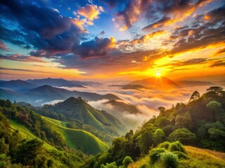 Witness a magical Meghalaya dawn: majestic mountains bathed in golden light.