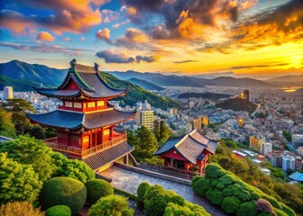 Fototapeta premium Witness Nagasaki's beauty from Kiyomizudera Temple; a panoramic vista of Japan's captivating scenery.