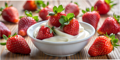 Fresh strawberries topped with rich cream served in a bowl on a wooden table garnished with additional strawberries