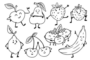 Fototapeta premium Set of doodle funny fruit and berry characters.Vector graphics.