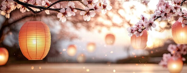 Obraz premium Scenic Parks Filled with Blooming Cherry Blossoms and Festival Decorations, a double exposure blending cherry blossom branches with floating paper lanterns and soft glowing bokeh, evoking the joy.