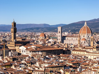 Fototapeta premium Aerial drone video of the skyline in the old city center of Florence in Tuscany, Italy.