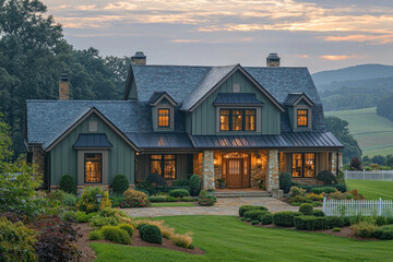Luxury farmhouse at sunset with mountain view, landscaped yard, and lit entry