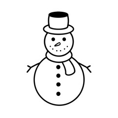 snowman with a scarf and hat line art vector on white background. 