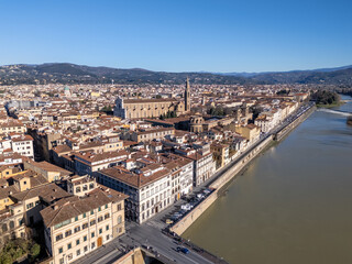 Aerial drone video of the skyline in the old city center of Florence in Tuscany, Italy.