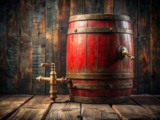 Naklejka premium Vintage Red Barrel with Three Taps: Rustic Industrial Still Life