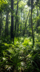 A Vibrant Forest Habitat: Encompassing Diverse Flora Under Sunlit Canopies With Rich Ecosystem