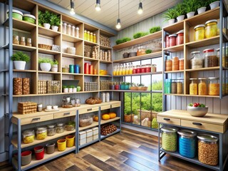 Fototapeta premium Modern warehouse kitchen's organized pantry and stylish storage showcase clean industrial design.