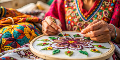 Woman meticulously embroiders colorful designs on fabric in a cozy setting, showcasing traditional craftsmanship and artistic skill