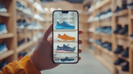 Hand holding mobile phone displaying running shoes on screen, browsing ecommerce website in a shoe store, innovative retail technology enhancing shopping experience