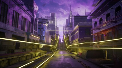 Neon city background, dark street scene with lighting