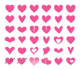 Big set of pink heart in various shapes and styles vector illustration on white background. Pink heart icons set vector. Simple pink vector heart love icon. Heart collection. Vector art.