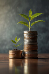 Growing stack of coins with plant growing on money finance and accounting concept